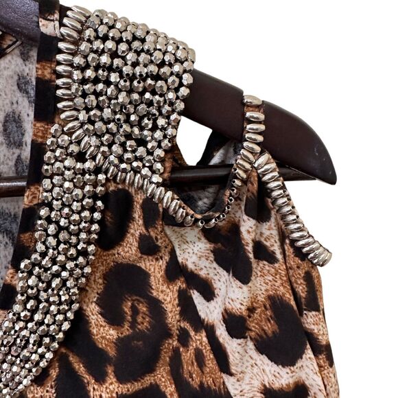 Cheetah Print Cold Shoulder Blouse Womens Large Lola B Silver Beaded Top‎ New - Picture 7 of 12